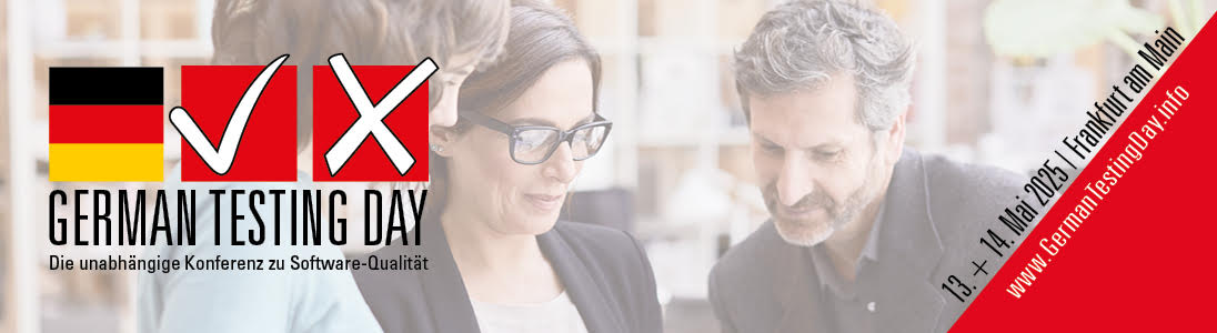 German Testing Day Banner and some other information, pictures a stockphoto of people looking at a tablet